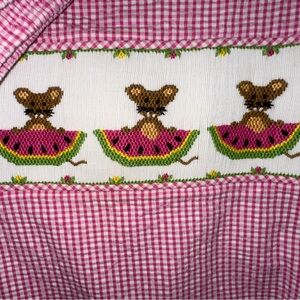 Pink Gingham Fabric with Mouse and Watermelon Design